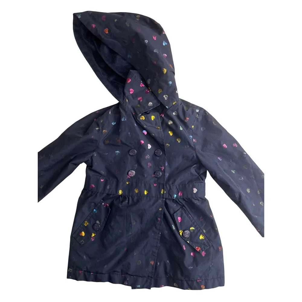 London Fog Kids Girls 3T Navy Blue Rainbow Heart Hooded Raincoat Jacket